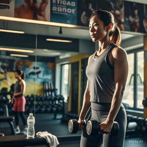 The individual is mid-motion, performing a workout such as running, lifting weights, or doing yoga, with a focused expression